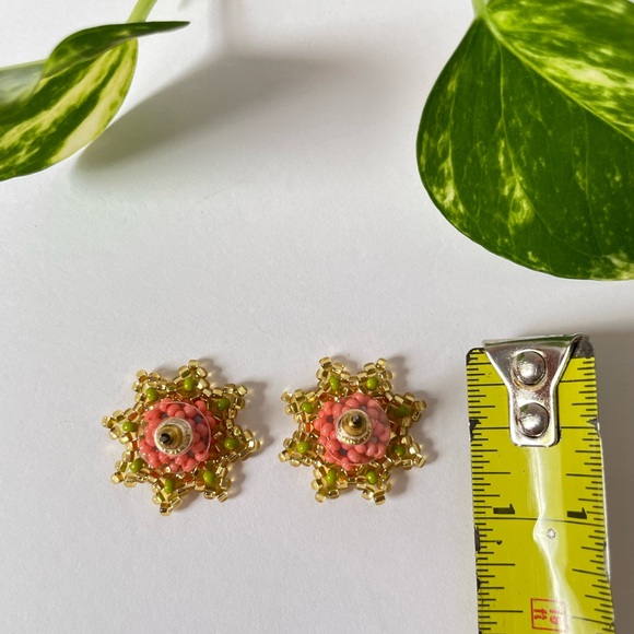 Gold, green and Pink Floral Earrings - Picture 2 of 2